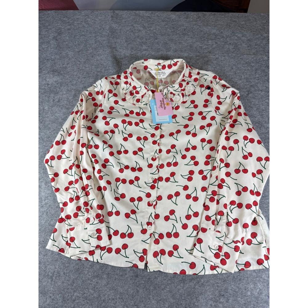 Compania Fantastica Cherry Delight Ruffle Top NWT Cream Red Fruit Blouse Large